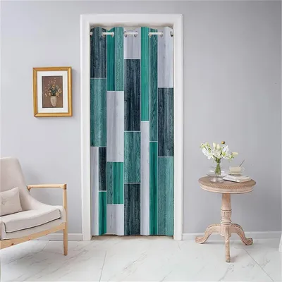 Obrázok produktu pre Záves na dvere, nepriehľadný, s okami, 117x138 cm, tyrkysovej farby, termoizolačný, môže slúžiť aj ako priestorový delič
