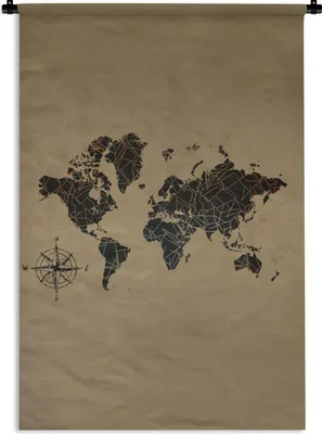 Produktbild von MuchoWow® Wandteppich Wandbehang Weltkarte - Schwarz - Windrose 90x135 cm Tapisserie Dekoration Wandtuch - Baumwolle - Wandskulptur