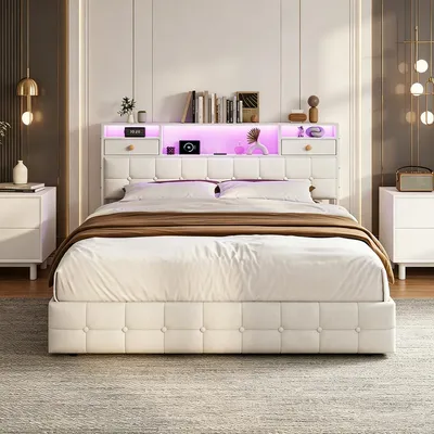 Obrázok produktu pre INONEFT Posteľ s pružinovým matracom, čalúnená posteľ 140x200 s LED osvetlením a USB/C portmi, hydraulická posteľ s úložným priestorom, dvojlôžko s roštom, zamat, béžová