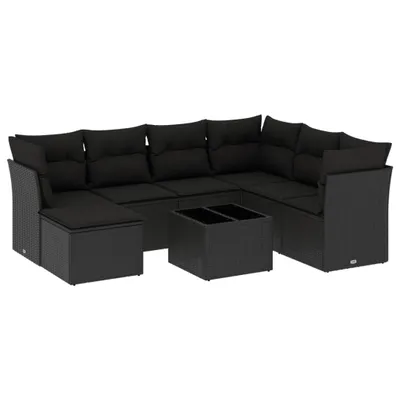 Produktbild von Gartenmöbel-Set 8-tlg., Modulare Lounge-Garnitur mit Kissen, aus schwarzem Poly Rattan, UV-beständig, mit Hartglas-Tischplatte