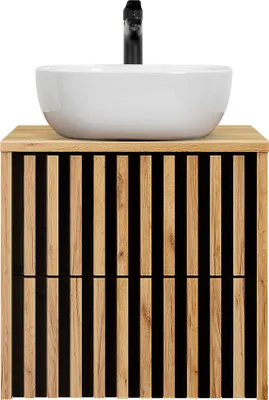 Produktbild von Waschtisch 60 cm mit Keramik Waschbecken in Eiche Nb. mit Lamellenfront LUCCA-107, B/H/T: ca. 60,4/77,5/45,5 cm
