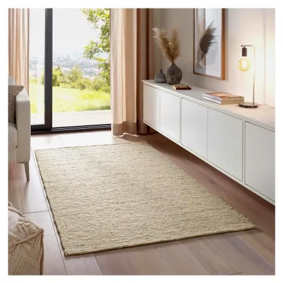 Produktbild von Moderner Handwebteppich Alpina aus Schurwolle für Wohnzimmer, Esszimmer, Schlafzimmer und Küche (070 x 130 cm, 60 Beige meliert)