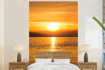 Produktbild von MuchoWow® Fototapete für Wohnzimmer oder Schlafzimmer Wandtapete Vinyl Motivtapete Schwan - Sonnenuntergang - Gold - 155x240 cm - Tapete