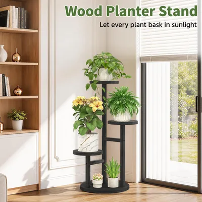 Image de Étagère en bois pour plantes, 3 niveaux, noire