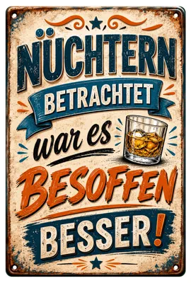 Produktbild von Blechschild 20x30cm Nüchtern betrachtet war es besoffen besser Lustiger Spruch Metallschild Bar Deko Wanddeko AstraDesign