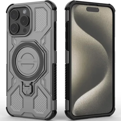 Obrázek produktu pro Odolný kryt na mobil pro iPhone 15 Pro Max, robustní pouzdro s prstenovým stojánkem, magnetický držák a stojánkem Šedá