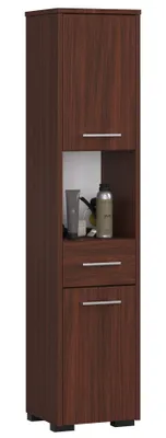 A tall, narrow bathroom cabinet with a dark wood finish.
