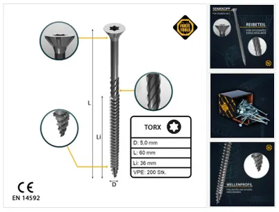 Obrázok produktu pre FORTE Tools Univerzálna skrutka do dreva 5,0 x 60 mm T25 200 ks ( 000040113882 ) strieborná pozinkovaná Torx so zápustnou hlavou s čiastočným závitom