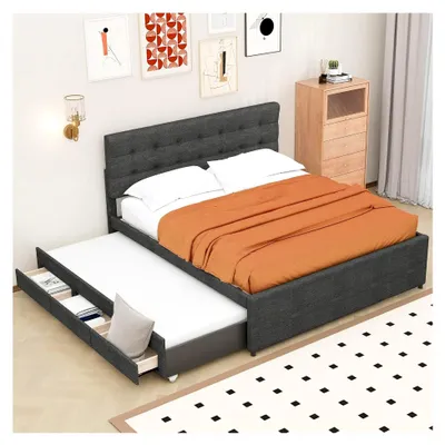 Produktbild von Doppelbett 140x200cm, Polsterbett mit Ausziehfunktion, drei Schubladen, Lattenrost, verstellbares Kopfteil, Familienbett 200x140cm (Grau)