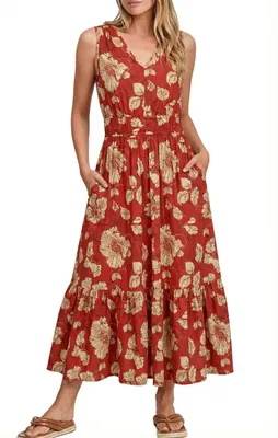 Imagen del producto de Vestido midi sin mangas, de corte en V, con volantes y bolsillos