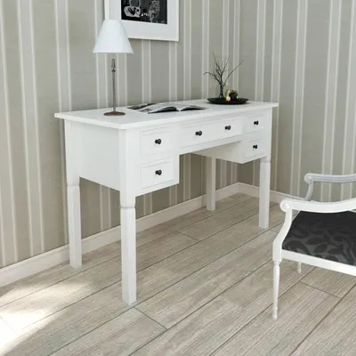 Produktbild von Schreibtisch aus Holz mit 5 Schubladen in Weiß, kleiner Computertisch mit Regal