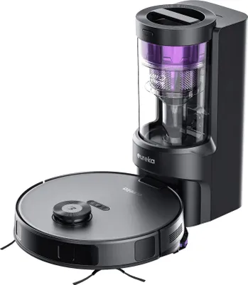 A black robot vacuum cleaner with a charging and dustbin station.