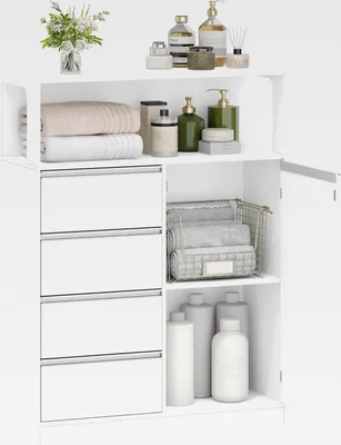 Produktbild von Badezimmerschrank, Küchenschrank, Aufbewahrungsschrank mit 4 Schubladen und Offenem Regal, Badschrank Hoch, Verstellbare Ablage, für Badezimmer, Wohnzimmer, Weiß, 30 x 80 x 110 cm