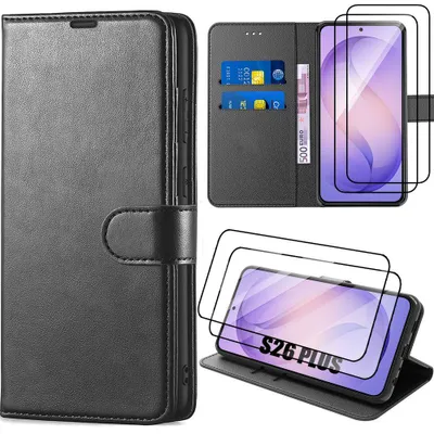 Image de Coque + 2 Verres Trempés pour Samsung Galaxy S26 Plus, Protection Flip Case Anti-Rayures Effet Cuir Noir