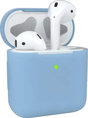 A light blue silicone case for AirPods with the lid open, showing the white AirPods inside.