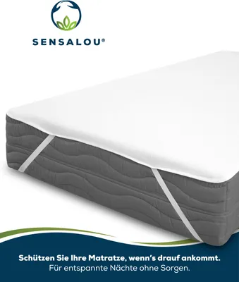 A white mattress protector is shown on a gray mattress.