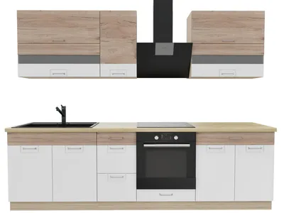 Produktbild von Küchenzeile 270 cm - ECONO A - Sonoma Eiche - Weiß Hochglanz - Mit Arbeitsplatte Artisan Eiche - Einbauküche mit Soft-Close - Metallbox Schubladen