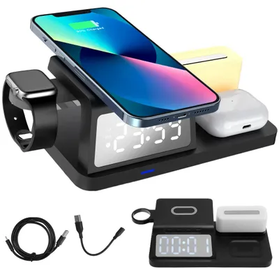 Produktbild von Handy-Ladegeräte, 5-in-1 kabellose Ladestation mit Uhr, für Mobiltelefone und Kopfhörer, mit Ambientebeleuchtung und externer Schnittstelle