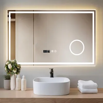 Produktbild von Badspiegel mit LED Beleuchtung Wandspiegel, 3-fach Vergrößerung, Touch Antibeschlag Kosmetikspiegel, Uhr, 3 Lichtfarben Dimmbare 80x60cm