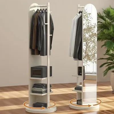 Produktbild von 360° drehbarer Ganzkörperspiegel, 2-in-1 platzsparender Ganzkörperspiegel mit Garderobe, freistehender Bodenspiegel mit Ablagen und Haken, für Eingangsbereich, Schlafzimmer, Weiß