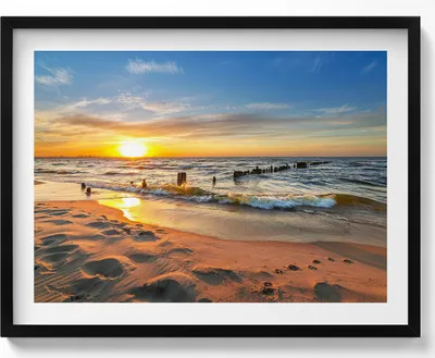Produktbild von Sonnenaufgang über dem Meer– Wandbild mit Rahmen – Gerahmtes Bild  – Wanddekoration – 80x60 cm –  Schwarz Rahmen
