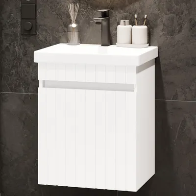 Produktbild von Planetmöbel Cosmia Waschtisch 50 cm mit Schublade Weiß Matt mit Armatur Schwarz Matt