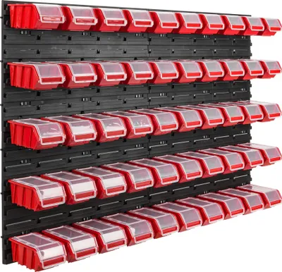 Obrázek produktu pro 50 stohovacích boxů nástěnná police s plastovým víkem 115 x 78 cm držák na nářadí dílenský garážový skladovací systém otevřená fronta úložné boxy skluzavka