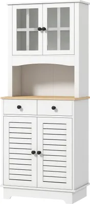 Produktbild von Küchenschrank mit Glastüren, 2 Schubladen, Geschirrschrank, Esszimmerschrank, Holz, 68 x 39,5 x 170 cm, Weiß