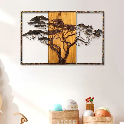 Produktbild von Wallity, Acacia Tree - 388-A, Dekoratives Wandaccessoire aus Holz, Mehrfarbig, 100 % HOLZ / METALL, 90 x 3 x 58 cm