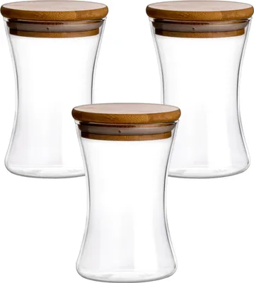 Produktbild von gouveo 3er Set Vorratsdose 265 ml konkav aus Borosilikatglas mit Deckel - Aufbewahrungsglas für Küche, Haushalt, Freizeit - Snackschale mit Deckel