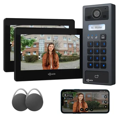 Produktbild von GOLIATH Basic 2-Draht BUS Türsprechanlage | FullHD | 2x 7" Schwarz | RFID & Keypad | 1-Fam | Aufputz