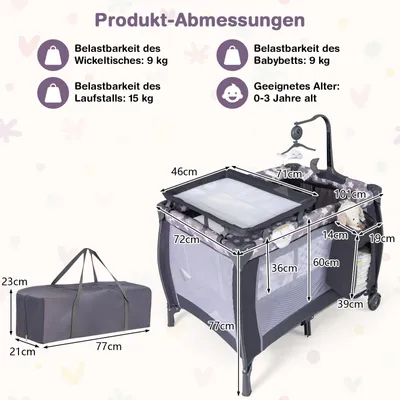 Produktbild von 3-in-1 Reise-Babybett mit Matratze und Spielzeug, Grau