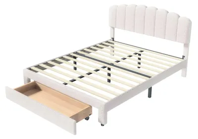 Obrázek produktu pro Postel s čalouněnou konstrukcí a potahem z plyšové tkaniny - 140 x 200 cm - USB nabíjecí port - zásuvka v čele postele - rošt - béžová barva - bez matrace