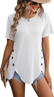 Image de ASKSA T-shirt femme col rond été manches courtes élégant unicolore laxiste ourlet courbé tunique haut (Blanc,M)