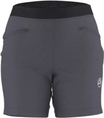 Dunkelgraue Helixir Shorts von La Sportiva; geeignet für Damen; mit elastischem Bund und seitlichen Taschen.