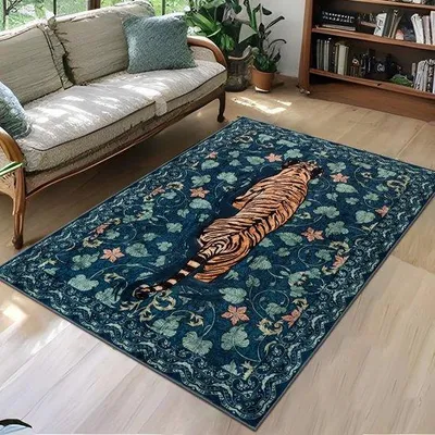 Imagen del producto de Alfombra suave y lavable Unyqoos® con base antideslizante, diseño retro de tigre, fabricada con goma TPR y fibras de algodón, fácil de limpiar, ideal para salones y dormitorios
