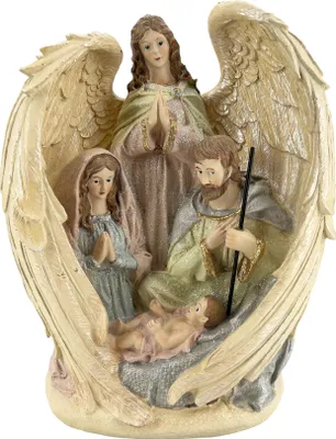 A nativity scene figurine with an angel, Mary, Joseph, and baby Jesus, framed by angel wings.