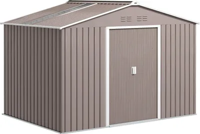 Zdjęcie produktu dla Szopa ogrodowa Outsunny 4,9 m², 277 x 195 x 192 cm, stal ocynkowana, dach dwuspadowy, fundament, zamykane drzwi przesuwne, odporna na warunki atmosferyczne, jasnoszara, do ogrodu i na podwórko