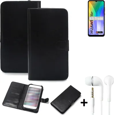Produktbild von K-S-Trade Wallet Case Handyhülle kompatibel mit Huawei Y6p Schutzhülle Flip cover Flipstyle Tasche Hülle Flipcover Slim Bumper schwarz + in ear
