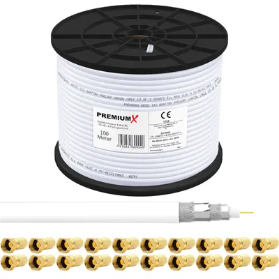 Produktbild von PremiumX 100m BASIC Koaxialkabel 135dB 4-fach SAT Koax Kabel 20x F-Stecker