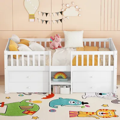 Produktbild von Flieks Kinderbett Etagenbett 90x200cm mit 4 Schubladen, Niedriges Hochbett mit Treppe, Stockbett mit Rausfallschutz, Holzbett Einzelbett Weiß