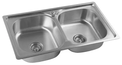 A stainless steel double kitchen sink is shown from a slightly elevated angle against a white background.