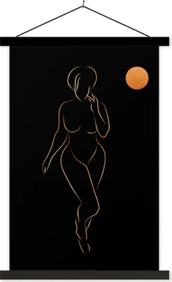 Produktbild von MuchoWow® Textilposter Frau - Mond - Schwarz und Gold - Strichzeichnung 40x60 cm mit schwarzem Rahmen - Wanddekorationen