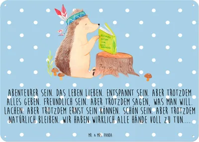 Produktbild von Mr. & Mrs. Panda tafel Igel Federschmuck DIN A3 - Blau Pastell - Geschenk, Wandbild, Abenteuer, Tiere, Indianer, Türschild, Blechschild, Camping, wandtafel, Schild