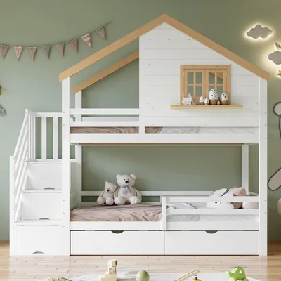 A children's bunk bed designed like a house, set in a bedroom with green walls and decorative bunting.