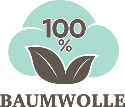 A graphic representing 100% cotton with leaves and the word "Baumwolle" below.