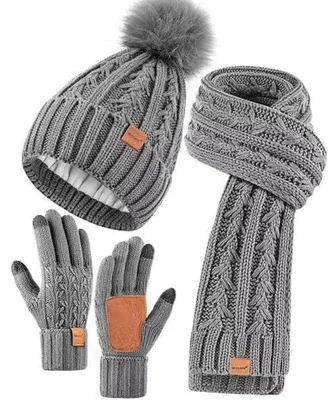 Zdjęcie produktu dla Zestaw damski zimowy: czapka, szalik i rękawiczki, polarowa podszewka, pompon, szare, zestaw 3-częściowy