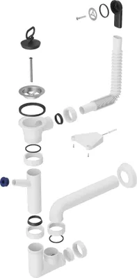 An exploded view of a sink drain assembly and plumbing components.