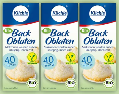 Produktbild von Küchle runde Back Oblaten Vegan 40mm 23g pro Packung 3er Pack Esspapier zum Backen von Makronen & Lebkuchen