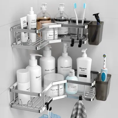 Produktbild von Duschablage ohne Bohren, 2 Stück, Edelstahl, Schwarz, mit Haken und Zahnpasta-Halter